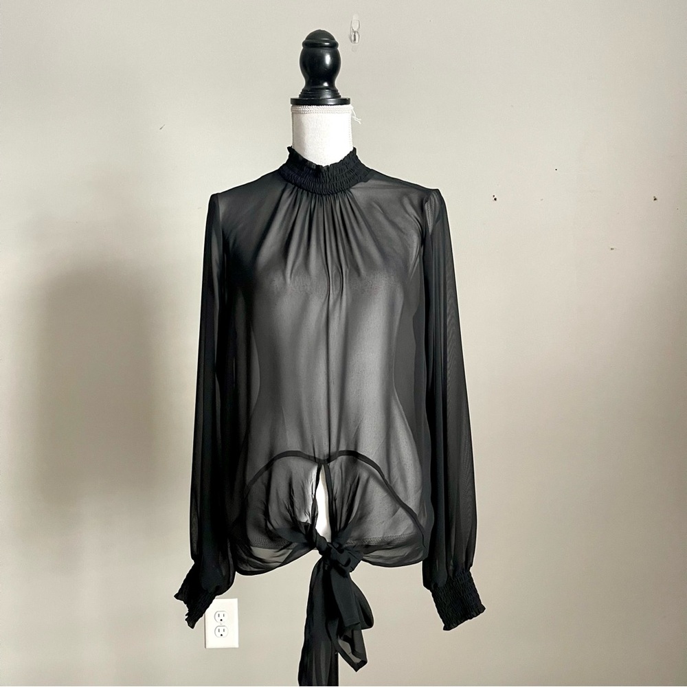 EXPRESS | Black Sheer Mock Neck Tie Front Bohemian Blouse Sz M